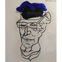 Andrzej Fogtt (1950) - Portret mężczyzny w niebieskiej czapce - rysunek, akryl, karton - 2020 r. - 70x50 cm.